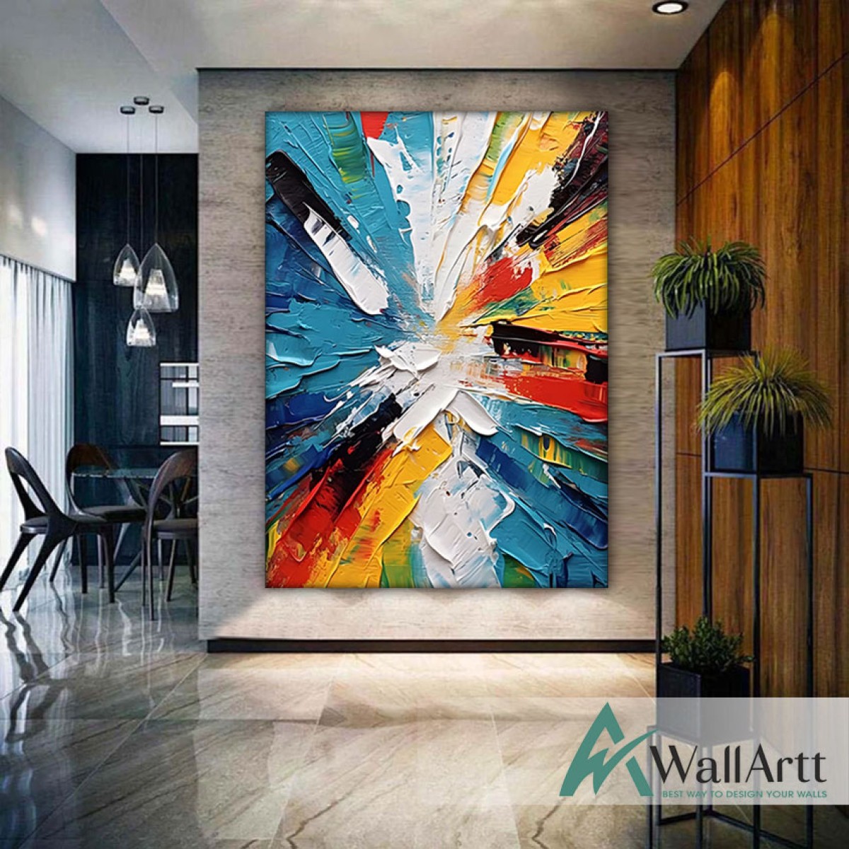 White Blue Yellow Abstract 3d Heavy Textured Partial Oil Painting